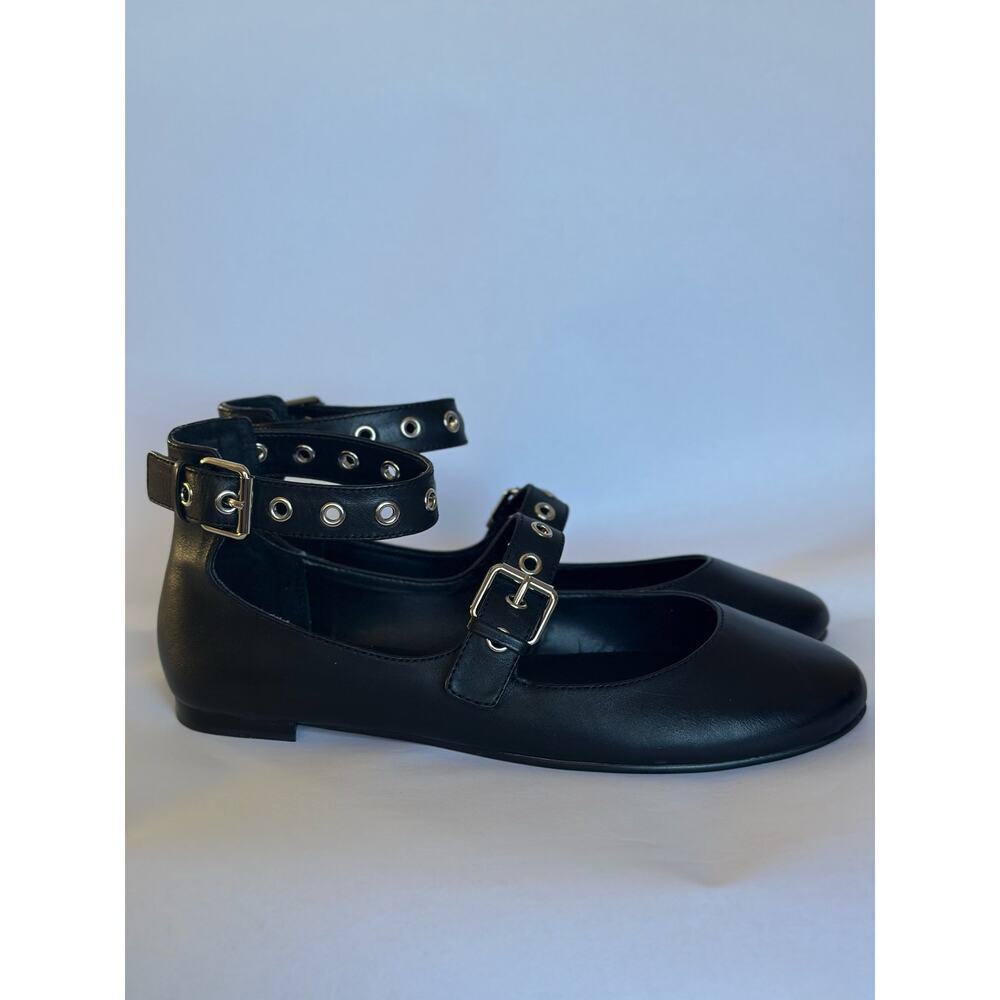 Rebecca Minkoff Black Leather Ankle-Strap Flats with Silver Eyelets - Picture 5 of 10